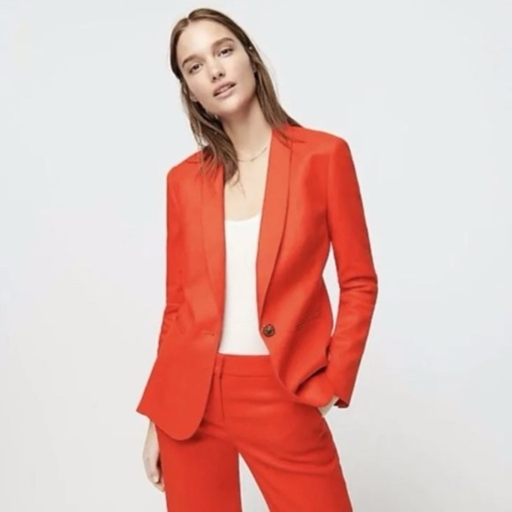 J. Crew Wool Blend Orange Blazer in Wool Flannel Navy Polka Dot Lining size 2
